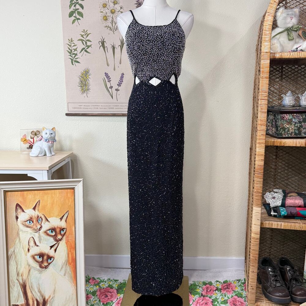 90s Y2k Beaded Cut Out Backless Formal Dress Prom Dark Romantic Sexy Celestial S